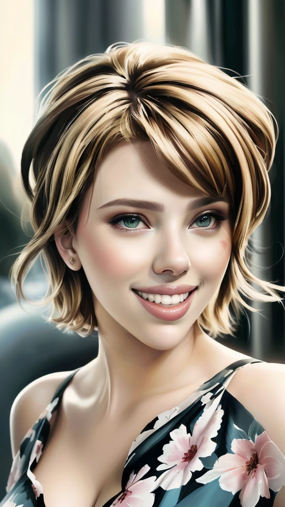 there is a woman with a flowered dress smiling for the camera, photoshop art, drawn with photoshop, cartoon digital painting, gorgeous digital painting, digital art. photo realistic, scarlett johansson portrait, stunning digital art, airbrush digital oil painting, “scarlett johansson portrait, “ scarlett johansson portrait, portrait digital art, digital art portrait, photorealistic beautiful face, beautiful digital artwork
