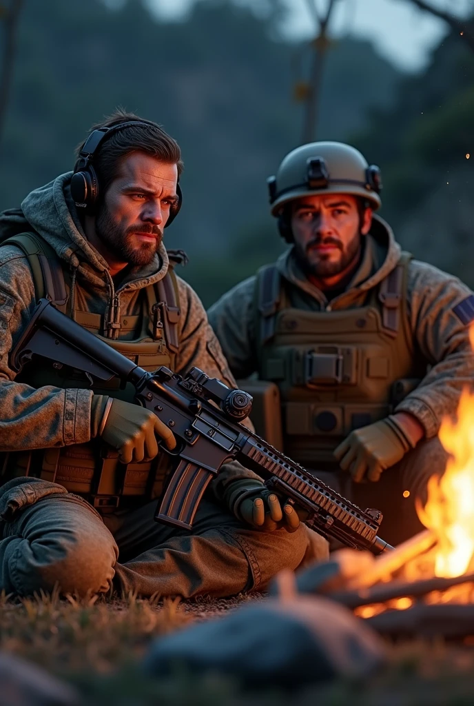 Photorealism 1.4 realistic realism high detailed definition two navy seal commando look very tired front of campfire sitting sleeping hold M4 carbine rifle