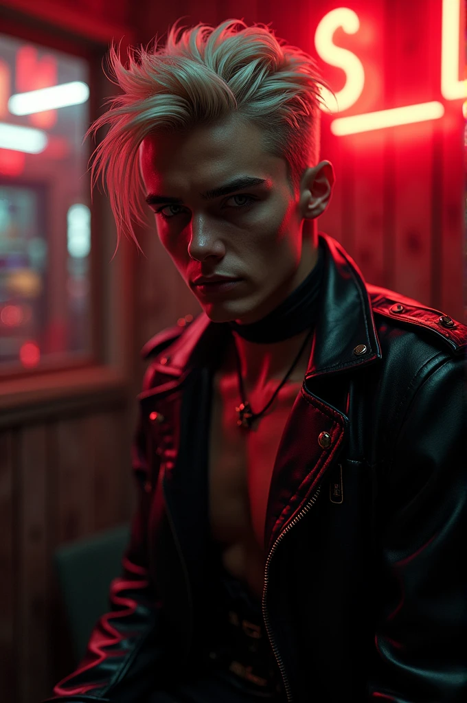(Best Quality,4k,8k,High resolution,masterpiece:1.2),ultra detailed,sharp focus,(realist,photorealist,fotorrealista:1.37),Fotorrealist, low lighting, alone, erotic Young man, 28 years, Tan skin, Model (skinny:1.3), (short layered platinum blonde hair:1.5), (black leather jacket:1.3), gothic punk clothing, incubus, sexy, (CNTX neon letters:1.4), strip club lighting, very detailed face bdsm background,extremely detailed facial features,hyper realist skin texture,extremely fine details,intricate details, detailed eyes,detailed nose,detailed lips,Detailed facial expressions,intricate facial anatomy,intense lighting,dramatic lighting,lighting change,cinematic lighting,chiaroscuro lighting,dramatic shadows,dramatic moments,vivid colors,intense colours,Deep contrast,cinematic depth of field,cinematographic composition,cinematic camera angle