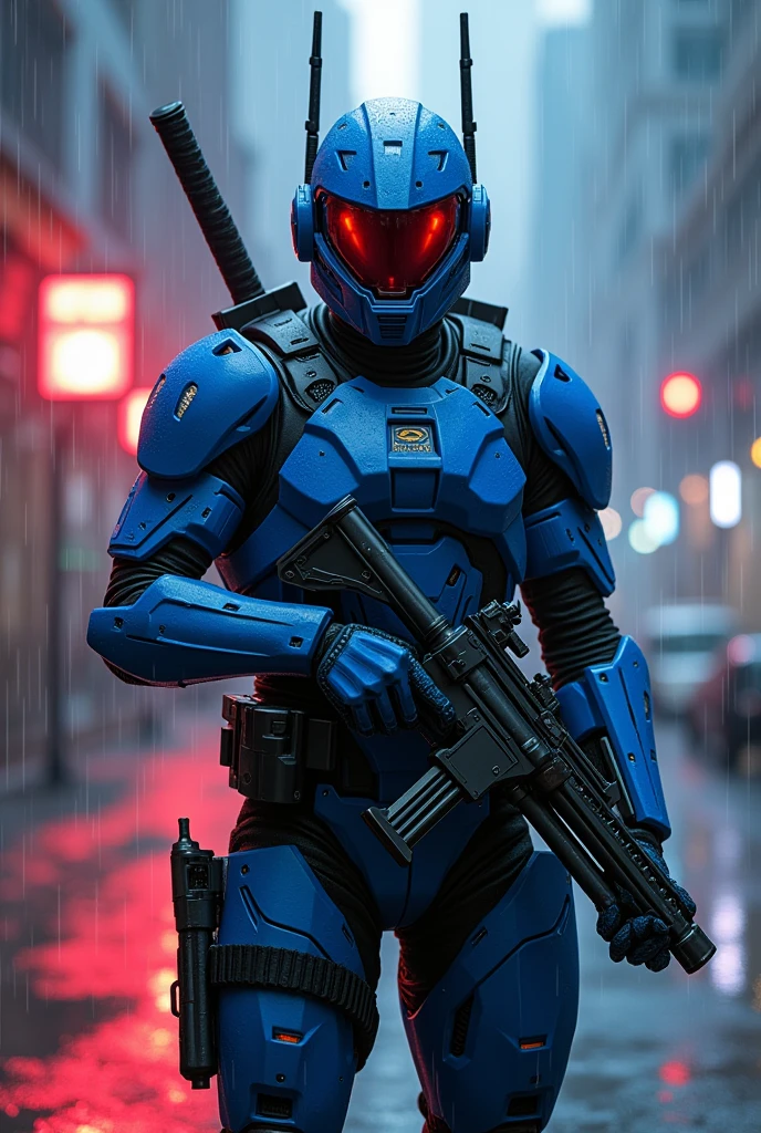 Soldat en armure futuriste bleu avec plusieurs antennes assez fine sur les côté. En plus, il à deux mini-mitrailleur sur les jambes. Le soldat est dans une ville avec des led rouge, il fait nuit et il pleut. Il a deux catanas dans le dos. Son casque est lumineux. Le l’armure est détaillée et pas enfantine. L’image est de face et il est en pose sexy. C’est un homme. L’armure est remplit de gadjets.