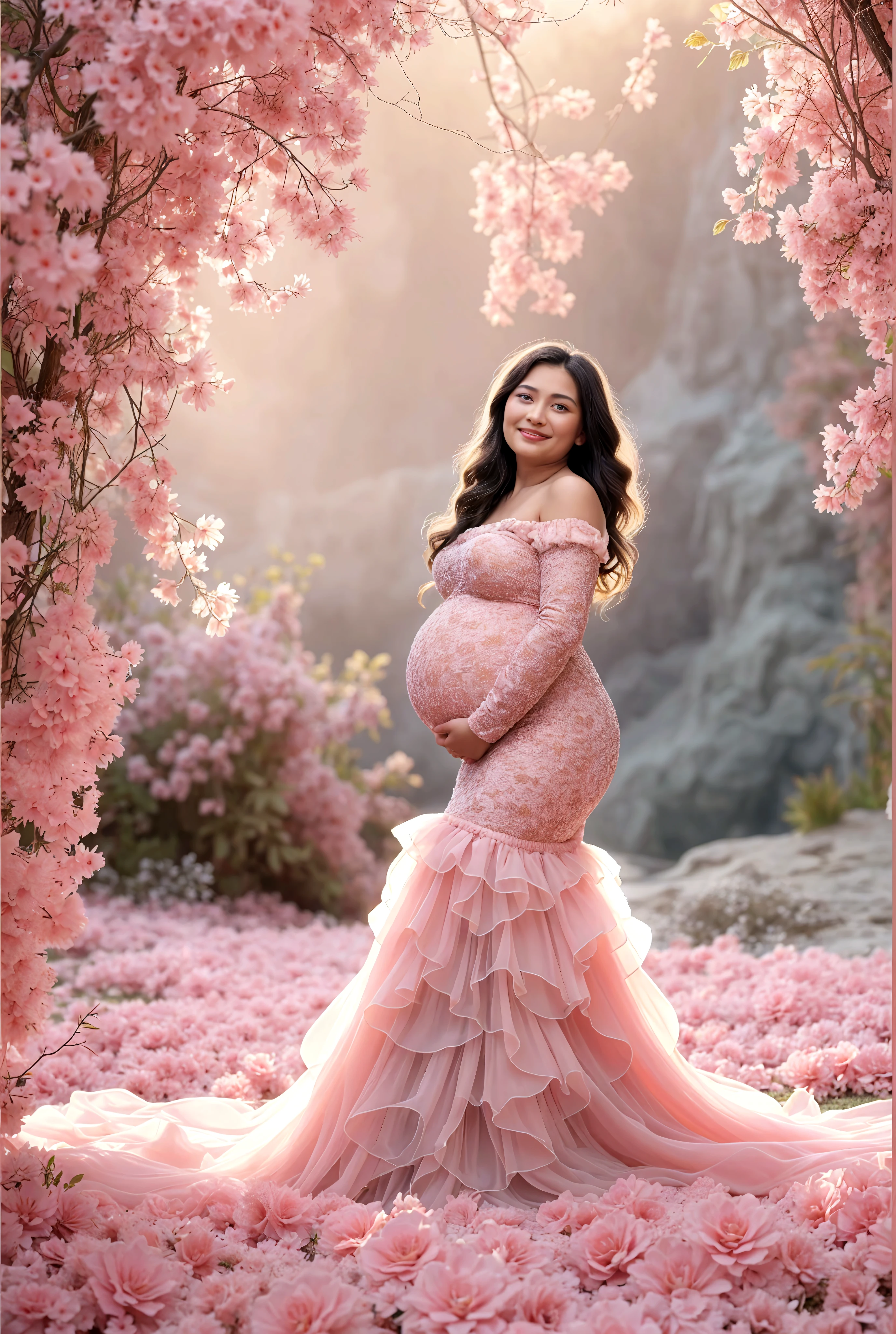 A beautiful and ethereal woman, her long hair adorned with flowers, her pregnancy glowing with life. A caring midwife attends to her, as the dark background is accented with vibrant blooms. Hyper-realistic full-color illustration, (best quality,4k,8k,highres,masterpiece:1.2),ultra-detailed,(realistic,photorealistic,photo-realistic:1.37),beautiful woman, pregnant woman, flowers in hair, long hair, midwife, dark background, floral accents, hyper-realistic, full color, vibrant colors, detailed portrait, intricate details