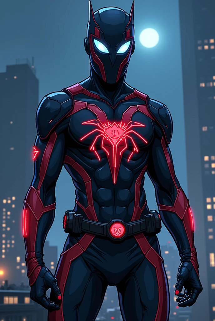 In comic book style, Nightwatcher to nastoletni superbohater o niezwykle intrygującym wyglądzie. His costume is made of flexible spandex and nanomaterials., which gives it both flexibility, as well as protection. The dominant colors in the outfit are dark gray., czerwony i granatowy, which create a strong contrast and give it a menacing look, but dynamic character.
Nosi zaawansowany technologicznie hełm o aerodynamicznym kształcie. Its surface has integrated white bionic sharp owl-style eyes.
There is a unique emblem on the chest, which is inspired by four animals: węgorzem, a spider, snow leopard and owl. His hands, łokcie, the shoulders and waist are decorated with round emblems. The whole costume has an eel-style pattern, snow leopard and spider. He stands in a dynamic pose on the roof of a building at night..