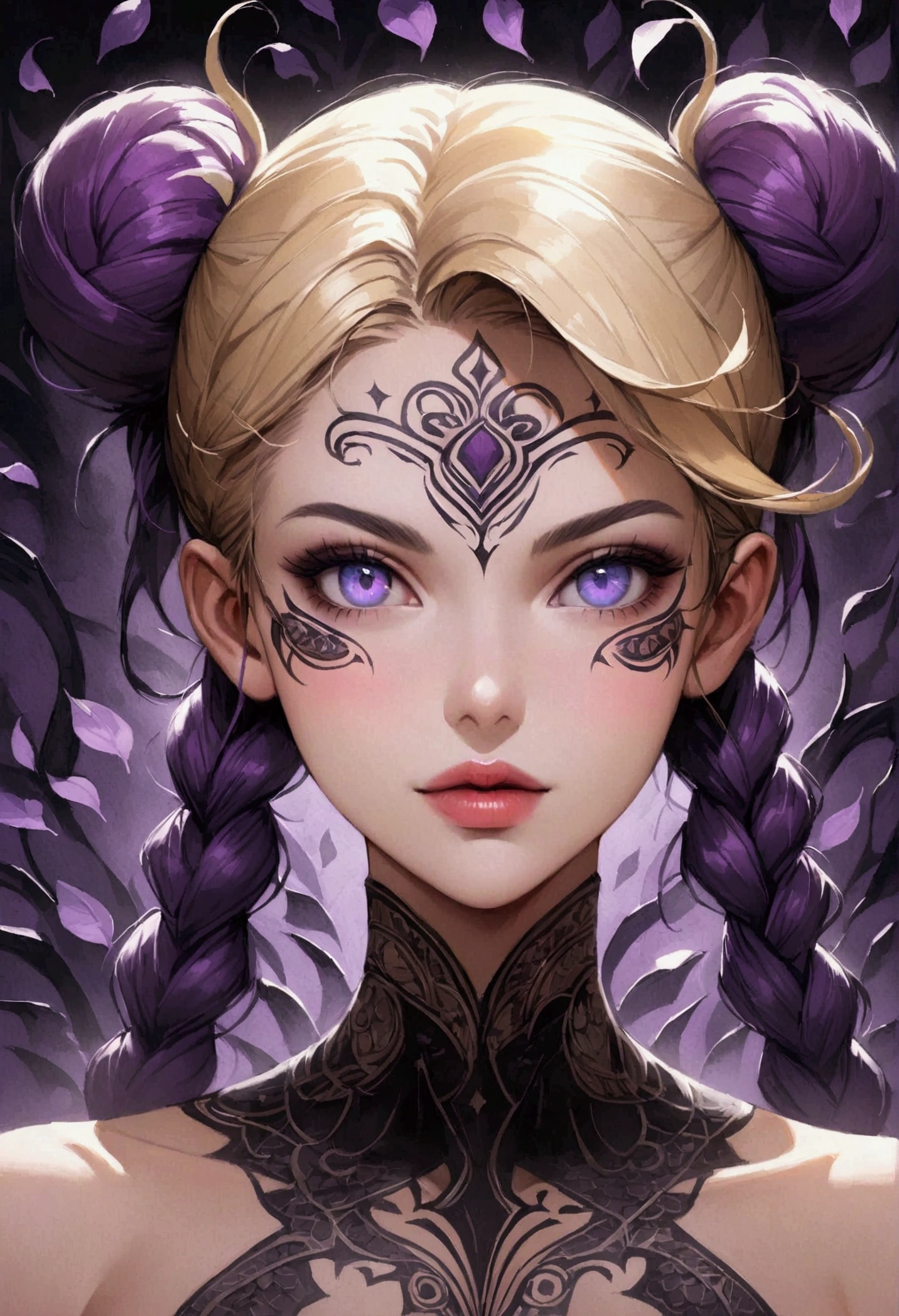 A highly detailed, hyper-realistic portrait painting of a young woman sexy decote Sensual gig titis semi nua with vibrant purple hair styled in an elaborate high bun and two long braided pigtails. The blonde hair features intricate insetos moscas baratas escaravelho with various insetos including moscas batatas insetos and a prominent dragons with 'UNS' written in white bold letters. The woman's face is starsvered in elaborate tattoos with intricate designs including swirls, leaves, geometric pat