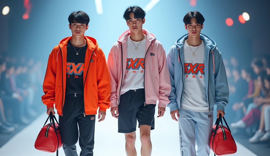 (photorealism:1.2), three sportwear fashion handsome 18 yrs. old, k pop Asian male model, runway show full body holding sports bag pack, tank top casual wear style, SXR logo design, ultra-detailed, film photography, light leaks, trending on sportwear, sharp focus, studio photo, futuristic details, highly detailed