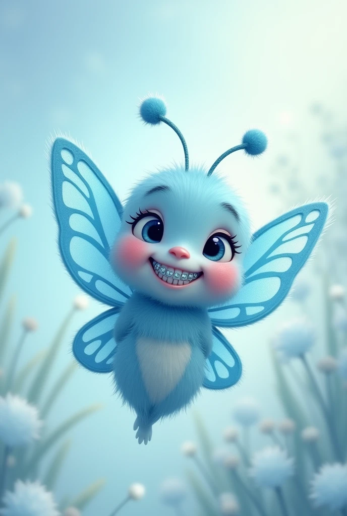 Cute little butterfly smiling with braces on her teeth, and it is in shades of light blue