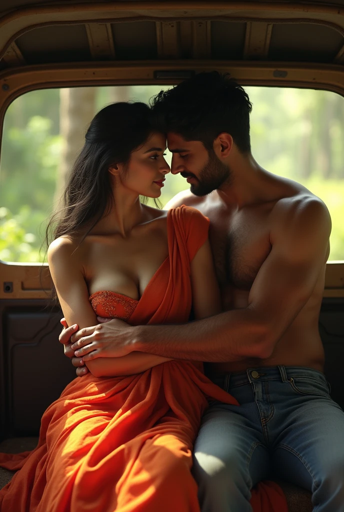 two lovers in a jeep, realistic indian woman and man, romancing at the back seat. the girl is wearing plain simple sari, sari is off her shoulder revealing her plain choli, showing deep cleavage, boy is hugging from behind and groping her breast from behind