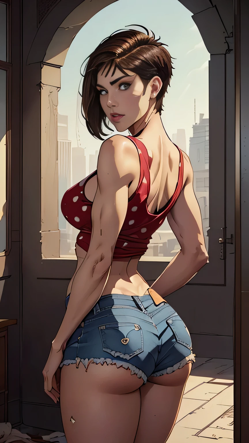 photo of mlp Meowko, RAW, beautiful woman, ((portrait)), ((detailed face:1.2)), ((anime face, anime facial feature, beautiful anime mouth, clear skin, clear skin), (short messy lesbian haircut, one shaved side, brunette: 1.55), (perfect proportioned body, Strong, muscular, narrow waist, narrow hips, skinny, large breasts), ((Arch back, wearing red polka dot half shirt and cut-off daisy duke jean shorts that are unbuttoned, no underwear)) (high detailed city environment, apartment reaching high for a top shelf, her arms above head), (realistic photo, best quality, detailed), (8k wallpaper), (cinematic lighting, beautiful light, (day:1.3)) (sharp focus, intricate)