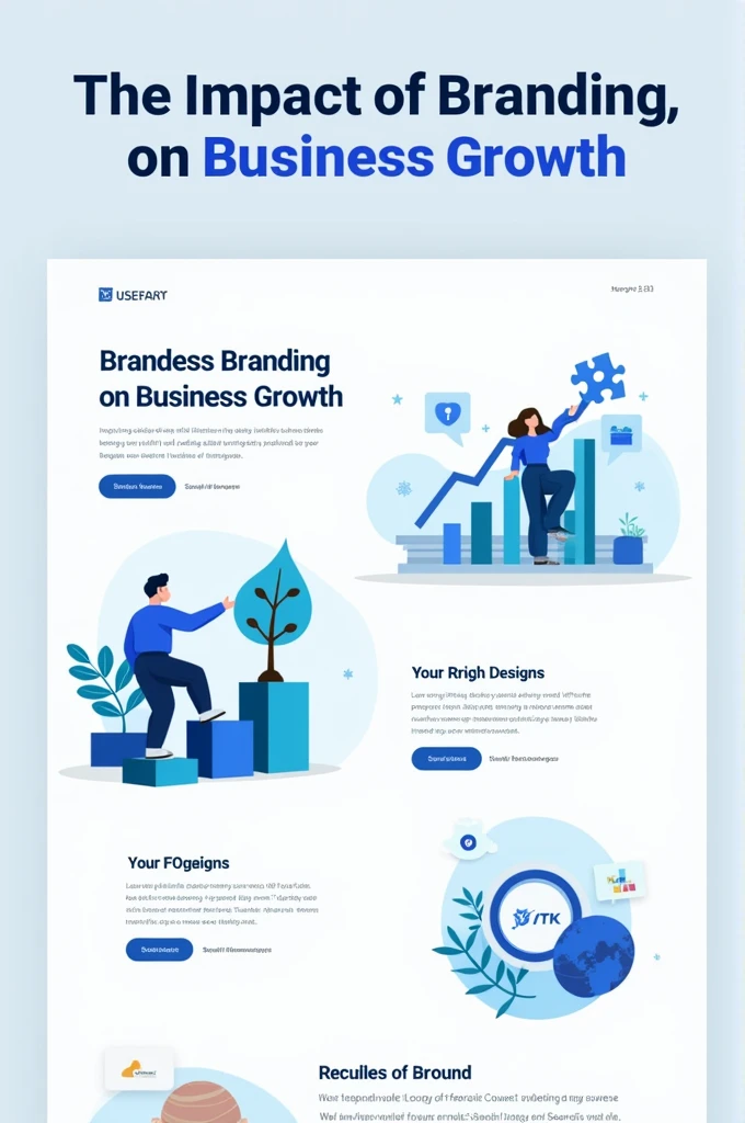 (Create a professional blog post design with the title 'The Impact of Branding on Business Growth' prominently displayed at the top. The design should feature a modern, clean layout with a color scheme that includes shades of blue or white symbolizing growth and trust. The header should have bold, legible typography. Include visuals such as an ascending graph, a growing tree, or a puzzle piece fitting into a brand logo to symbolize business growth and the importance of branding. Ensure there is ample whitespace for a clean look, and include a footer section for a call-to-action