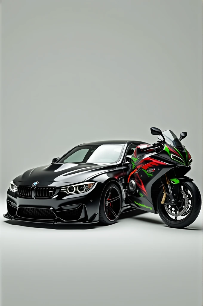 Modified BMW m3 2015 in black color with kawasaki ninja h2, in one frame. 