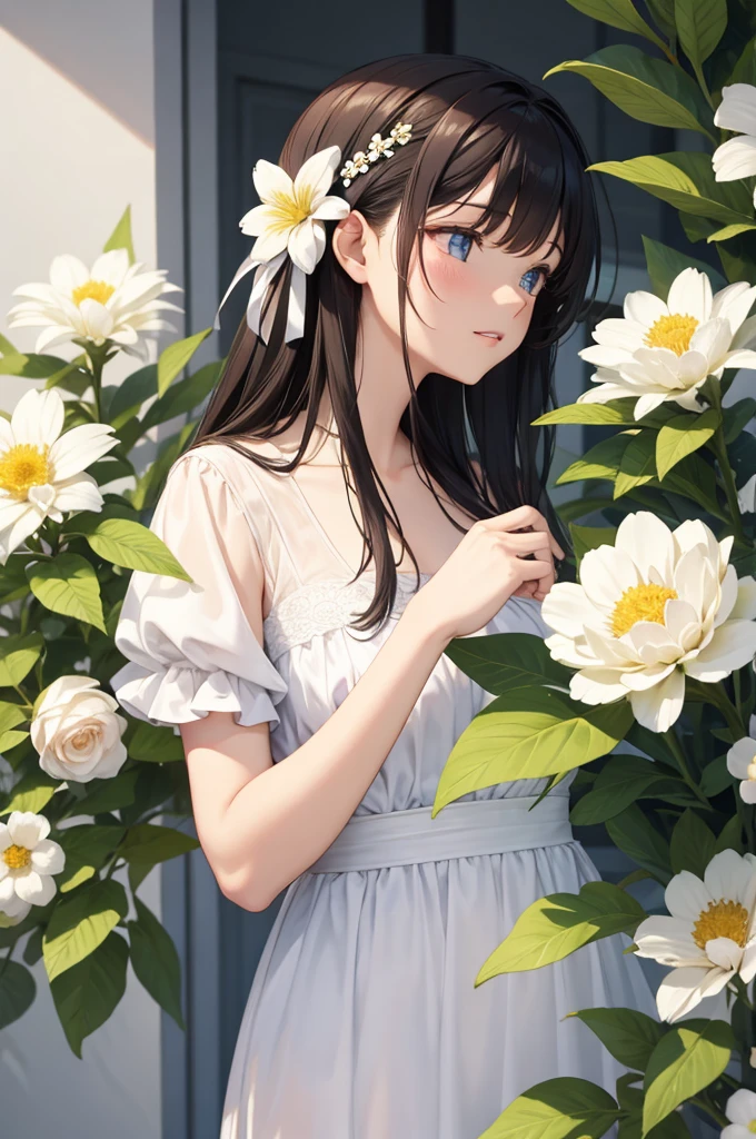 (masterpiece, best quality:1.6), white dress, thighs, beautiful girl, (flowers, many small white petals:1.3), garden, blue sky, looking at viewer, small waist, official art, raw photo, incredibly absurdres, facelight, dynamic lighting, cinematic lighting, ultra realistic, highres, photography, sharp focus, highest detailed, extreme detailed, ultra detailed, finely detail, extremely detailed eyes and face