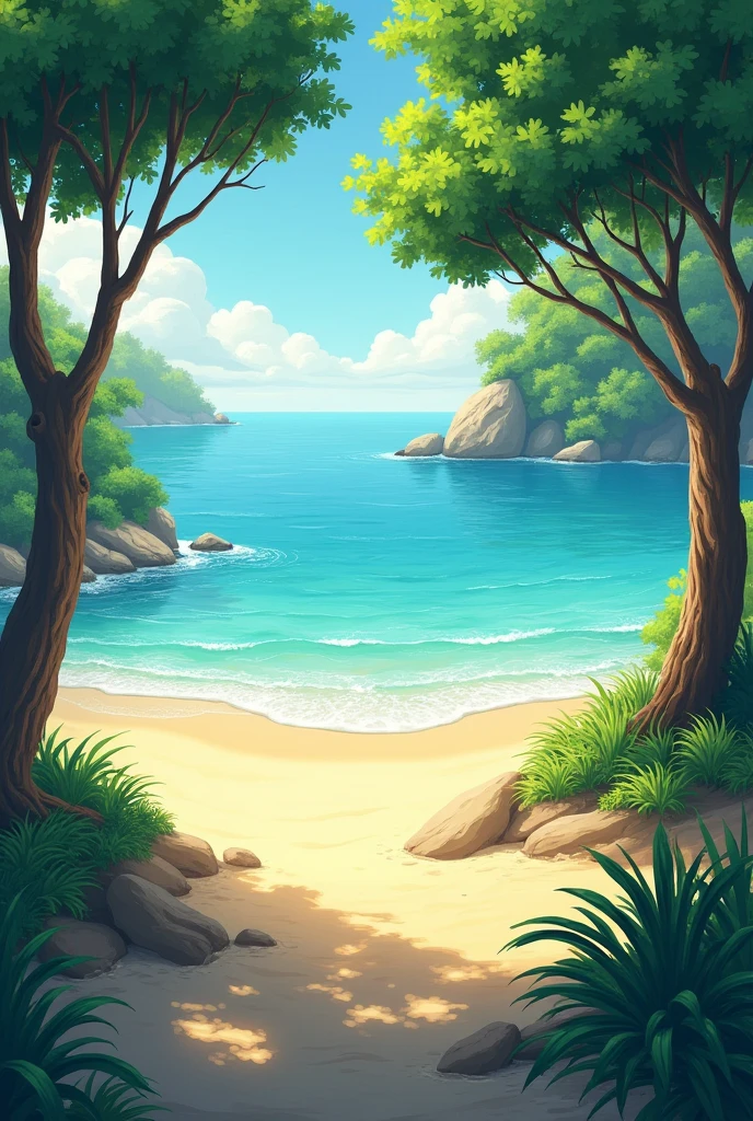 A serene beach with trees and a beautiful ambience