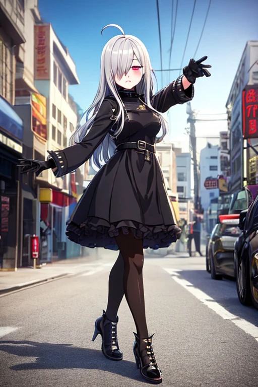 ((best quality)), ((masterpiece)), (detailed), 1 girl, Full body, 1, Face Depressed, Silver eyes, Outstretched arm, Gray zipper Hood, Blushing, Long hair, Silver hair, Spiky hair, Ahoge, Bangs, Lock of hair covering right eye, Full body, Very tall, Small breasts, Thin body, Metal spikes, Gray bracelets, Long black gloves, Gray gothic dress, Gray dress with metal spikes, Metal emblem, Somewhat tight, Black belt, Black pantyhose, Black shoes, Walking through the city, Giant metal spikes sticking out of the street, Cracked road, City background, Anime