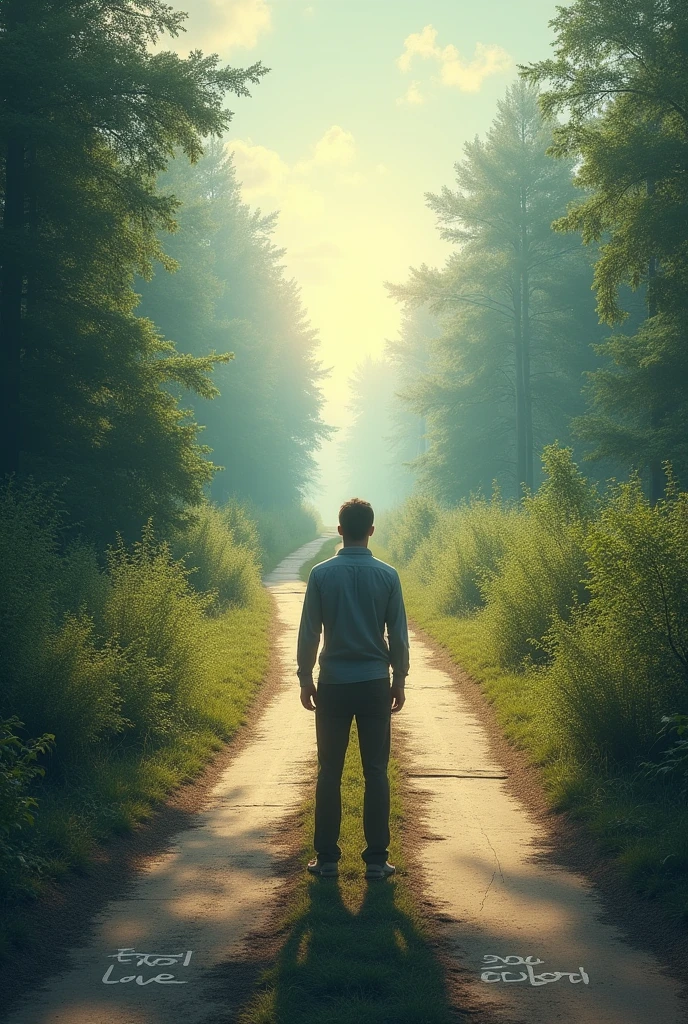A man standing at two open roads with two roads labeled "love" and "ambition" and looking at a road marked "Ambitions" with a bright, sunlit sky, while the other path, labeled as "Love"  is shadowed and overgrown, suggesting a challenging diversion and man looking at ambition side while rejecting love.