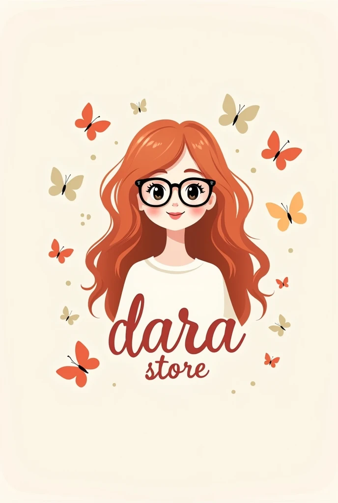 logo in 2d ,with a white girl with copper hair wearing glasses that says Dara Store in pretty letters and erflies