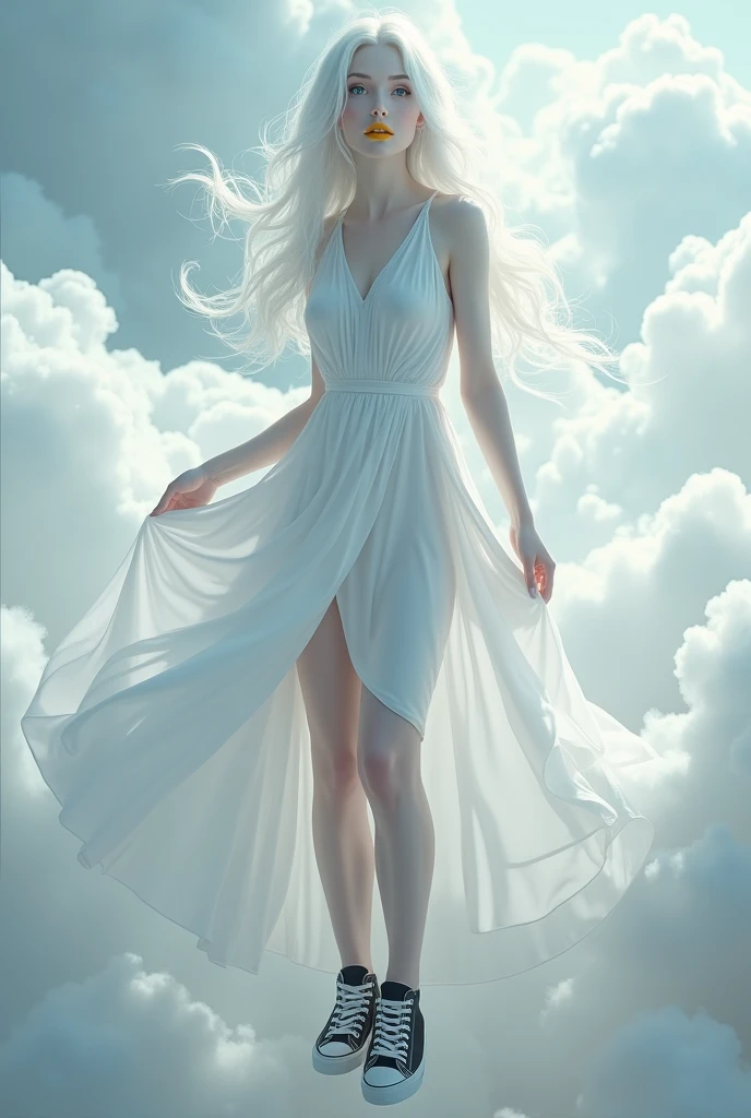 Generates a beautiful goddess with a good body, yellow lips, blue eyes, white hair, white skin with gray surrounded by clouds, white dress with black and black sneakers