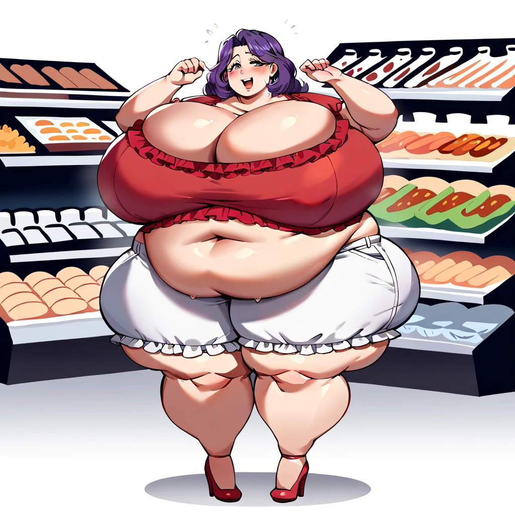 masterpiece, best quality, super detail, 4k, 1girl, (female ssbbw, frilly red top, frilly trousers:1.1), bbw, cute, sexy milf, mature, supermarket, gigantic breasts, heels, long purple hair, extremely wide hips:4.0, massive thighs:4.0, massive calves, massive ass, wide belly, excited expression, aroused, sweaty, (getting turned on, on hands and knees,, she is crawling towards viewer, eyes open, eyes very well defined (high priority), pupils very well defined(High priority)),(her face is close to viewer) , Image in anime style, add detail, high detail eyes