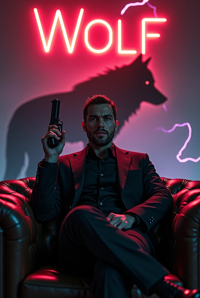 Create a realistic image where a 2 man wearing black luxury suit and sitting on sofa, he's holding a gun in his hand, there is smoke in background a shadow of wolf with lightning. In background the name "wolf" is showing in bold and neon effects just above the head of the character as per his name.