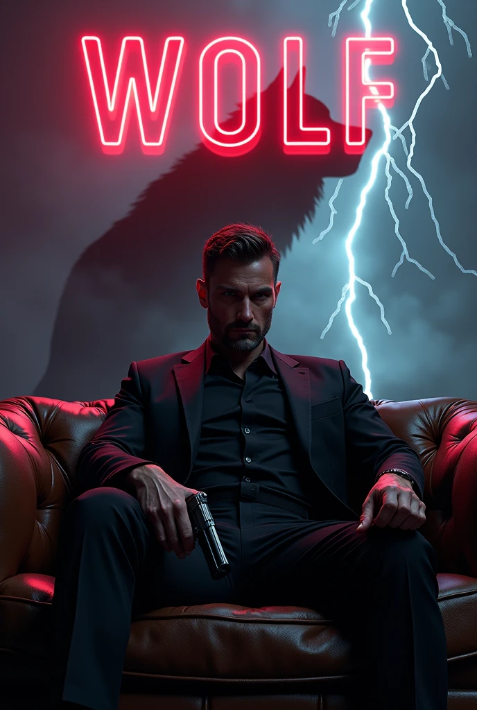 Create a realistic image where a 2 man wearing black luxury suit and sitting on sofa, he's holding a gun in his hand, there is smoke in background a shadow of wolf with lightning. In background the name "wolf" is showing in bold and neon effects just above the head of the character as per his name.