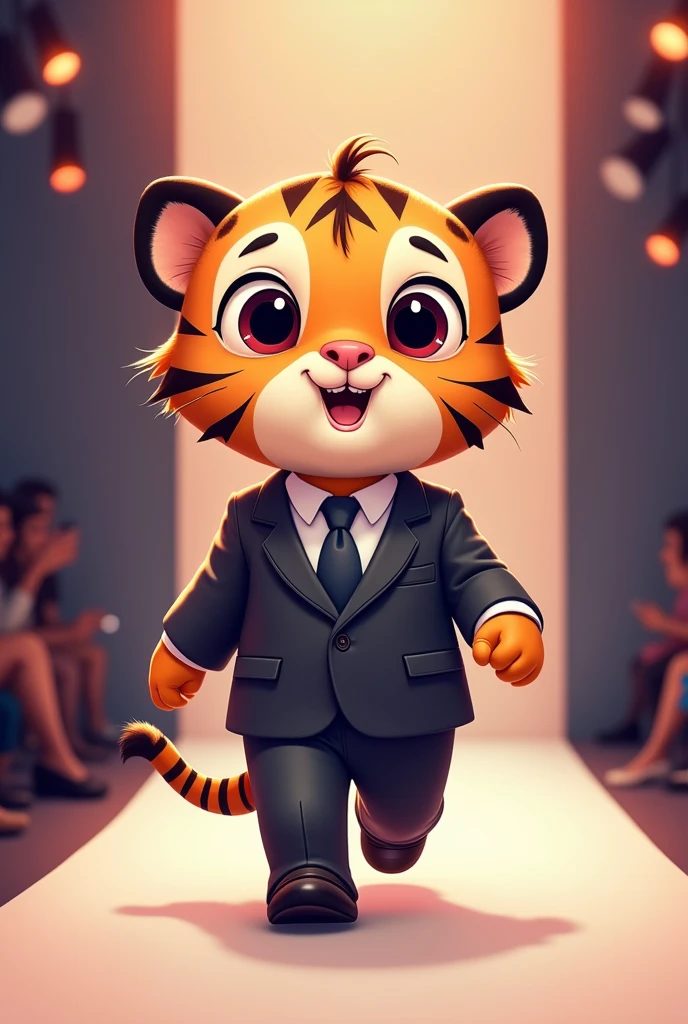 I want a cartoon tiger in suit and tie modelling on ramp animate it