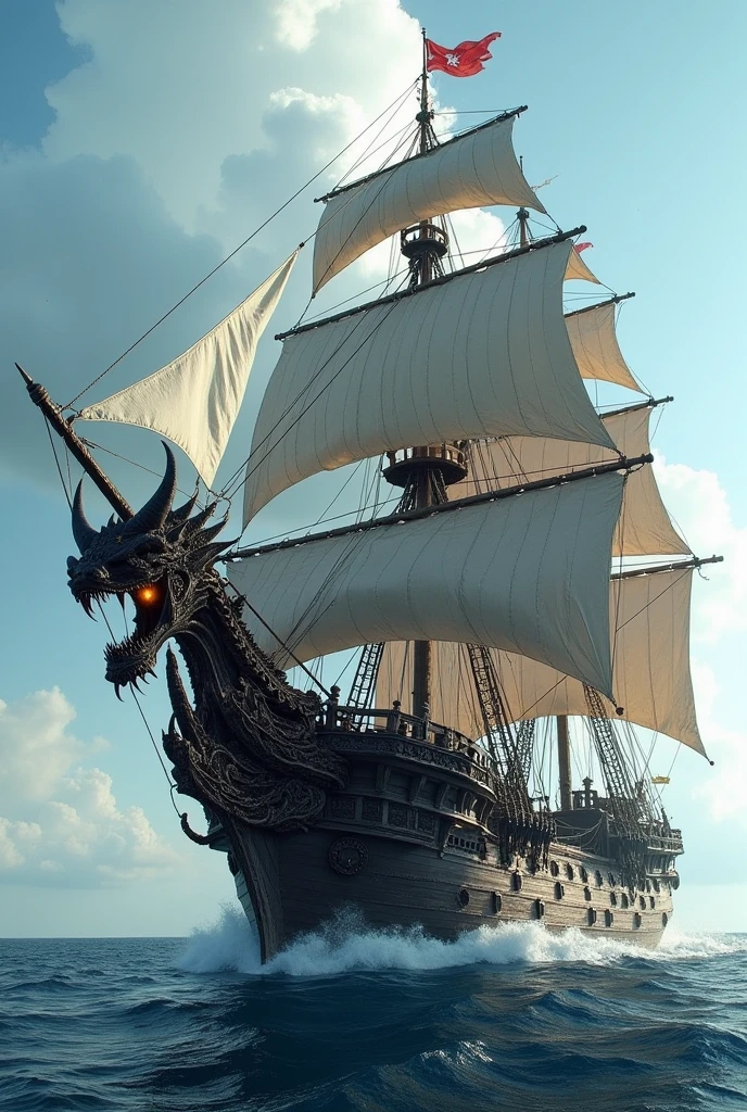 Create a very well made image of a boat sailing on the sea, this boat has a very luxurious and demonic design and is heavily armed, it is a large realistic pirate ship, it has the face of a demonic beast with glowing eyes on the front of the boat, Featured colors are black and crimson red, the boat shows that it has powerful weapons. This pirate ship has a brown hull and only 6 sails, this boat doesn't have many sails because it is realistic and giant, it's a huge boat