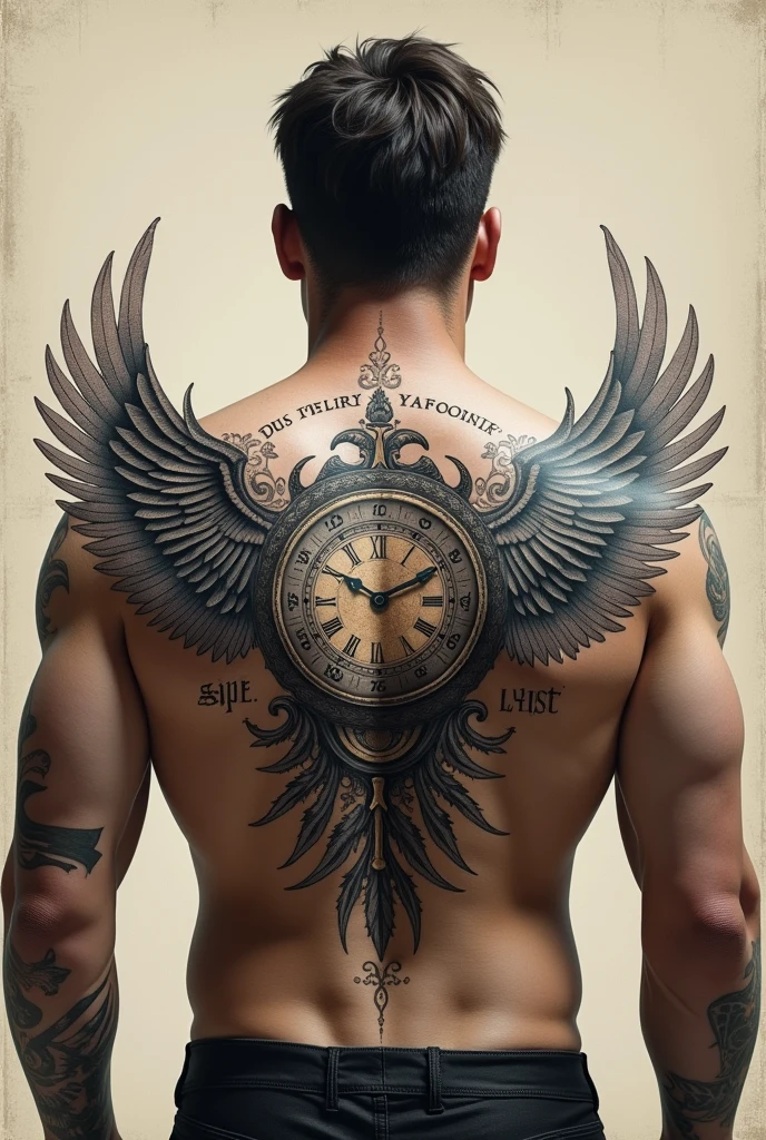 Wings tatoo with clock and rune words for man half back