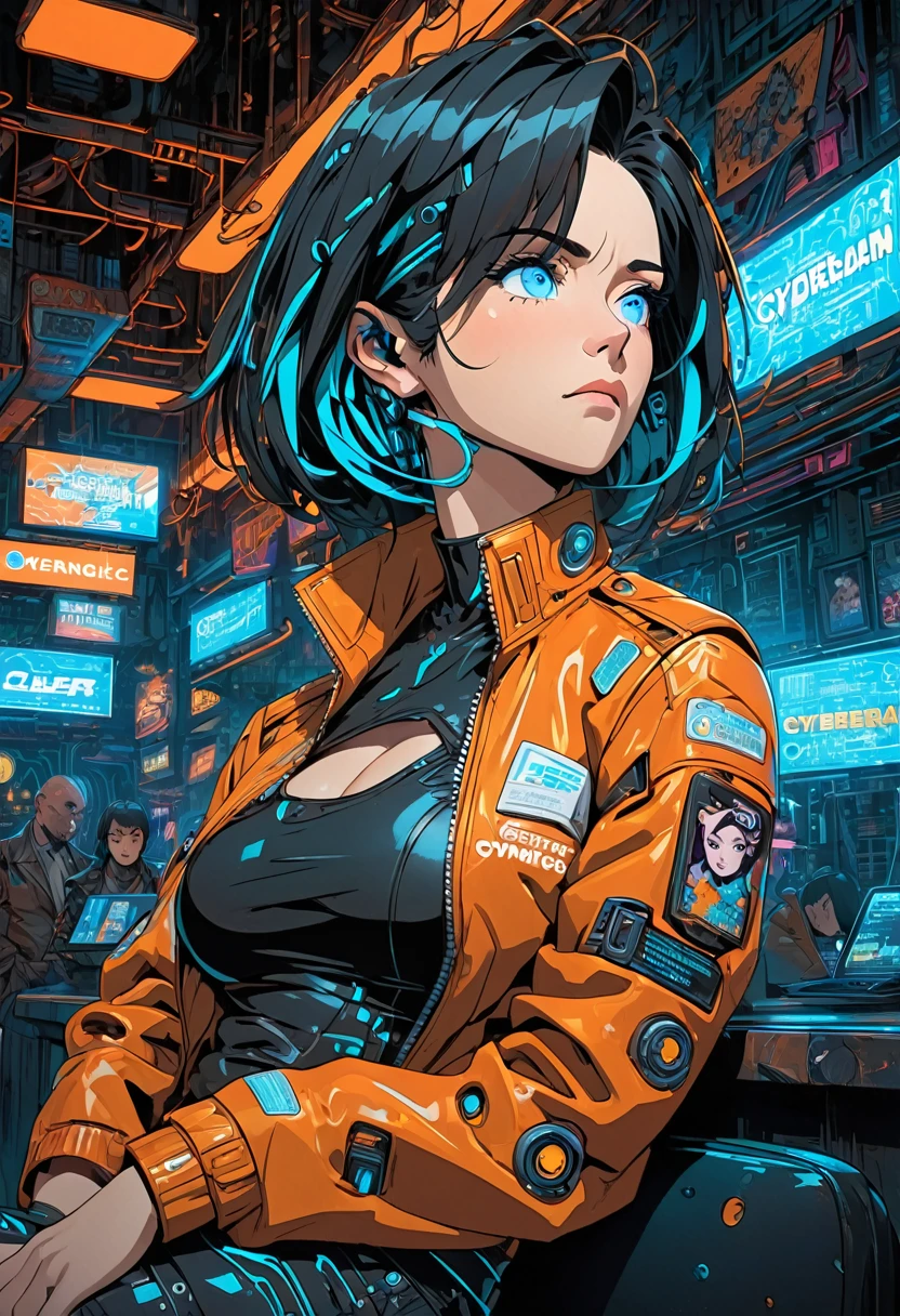 illustration, detailed illustration, ultra detailed, dynamic angle, cyberpunk, 50 year old woman, medium black hair, hair with cyan streaks, mismatched eyes, cybernetic eye, blue eye, lean, medium breasts, black leather top, orange leather jacket, tired expression, cowboy shot, dark bar interior, dark environment