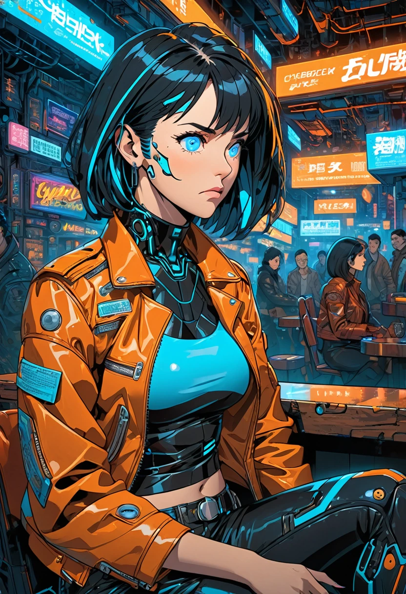 illustration, detailed illustration, ultra detailed, dynamic angle, cyberpunk, 50 year old woman, medium black hair, hair with cyan streaks, mismatched eyes, cybernetic eye, blue eye, lean, medium breasts, black leather top, orange leather jacket, tired expression, cowboy shot, dark bar interior, dark environment