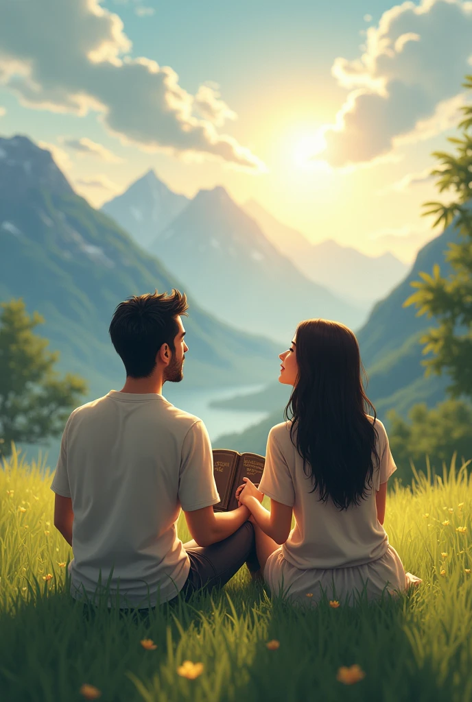Dark-haired man and woman sitting on the grass looking at the sky with hope with the Bible in their hands in the background a landscape with mountains and sun