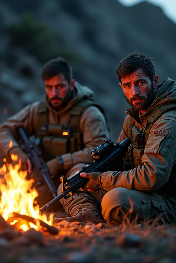 Photorealism 1.4 realistic realism high detailed definition  two navy seal commando look  very tired front of campfire sitting  sleeping hold M4 carbine rifle