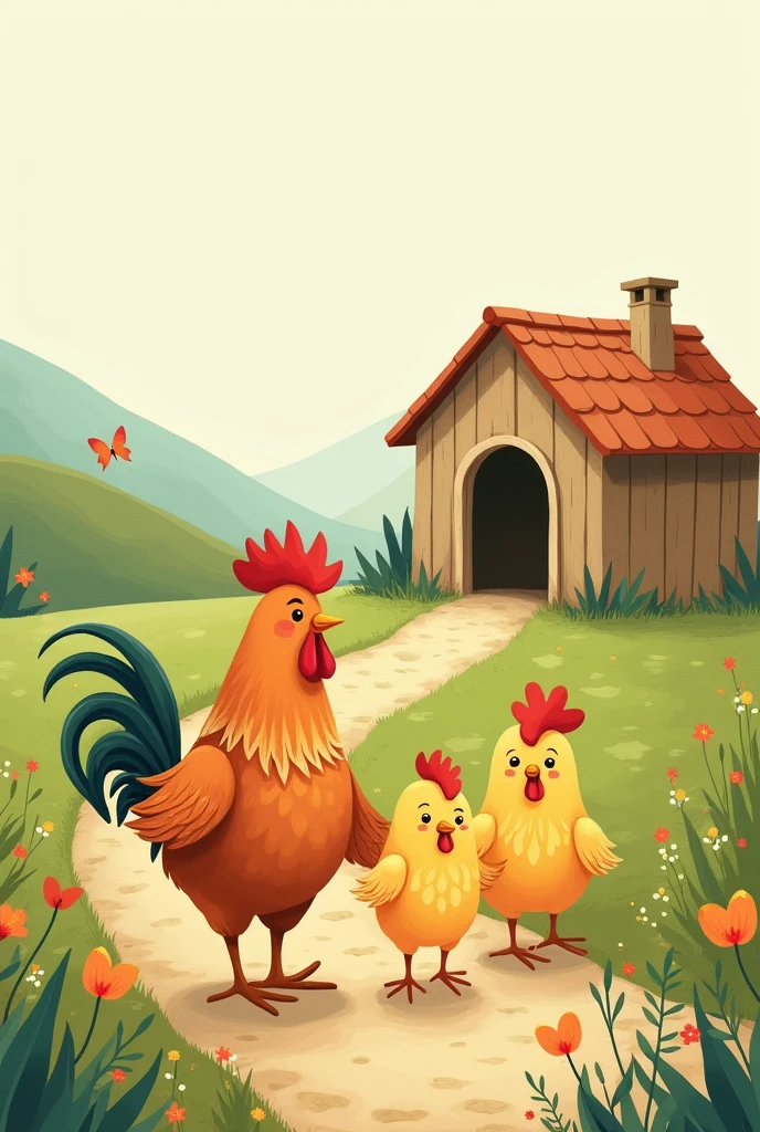 Dessin histoire pour enfant, dessin mignon, coq poule et poussin marchent vers un poulailler en se tenant par l'aile comme une famille 