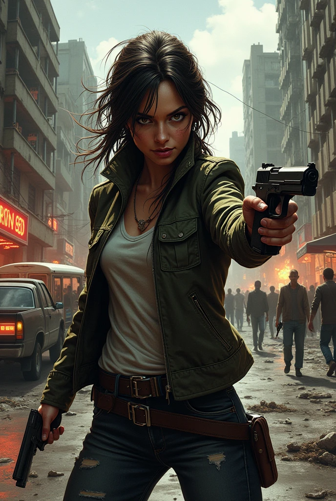 Woman in jacket pointing a gun zombie apocalypse comic book 