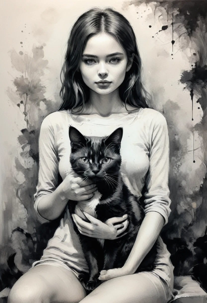 a girl with a cat, Ink style painting, Ink style figure, warm environment, Minimalism, monochrome, grayscale, clear lines, (Best Quality, masterpiece, Representative work, official art, professional, Ultra high detail, 8k)