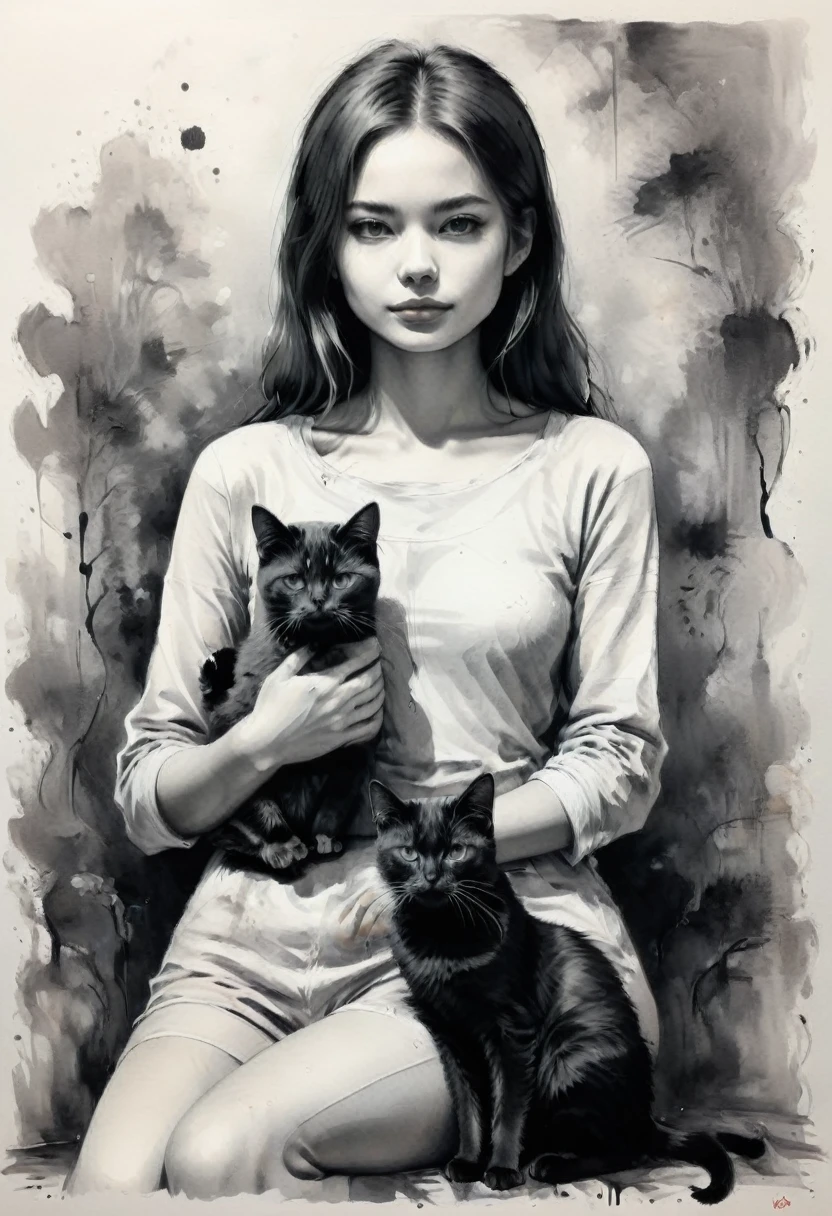 a girl with a cat, Ink style painting, Ink style figure, warm environment, Minimalism, monochrome, grayscale, clear lines, (Best Quality, masterpiece, Representative work, official art, professional, Ultra high detail, 8k)
