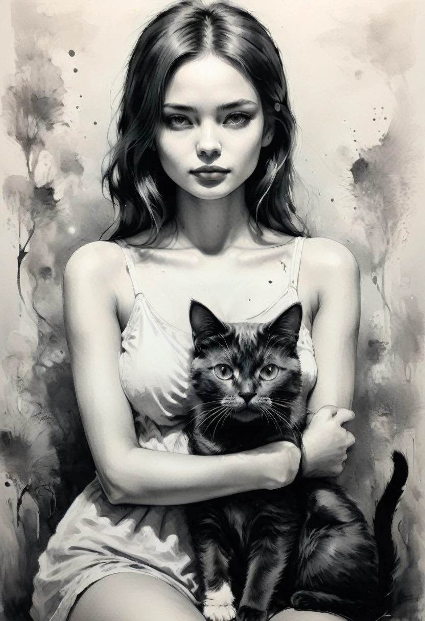 a girl with a cat, Ink style painting, Ink style figure, warm environment, Minimalism, monochrome, grayscale, clear lines, (Best Quality, masterpiece, Representative work, official art, professional, Ultra high detail, 8k)