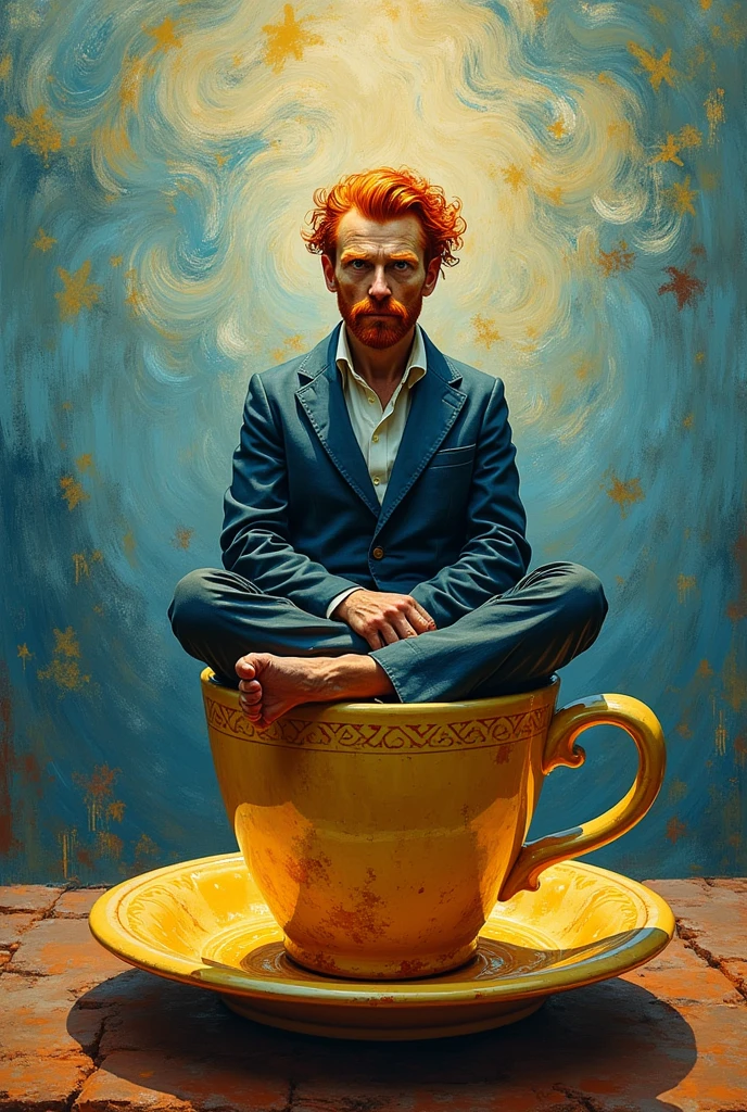 Van Gogh sits on a cup of coffee