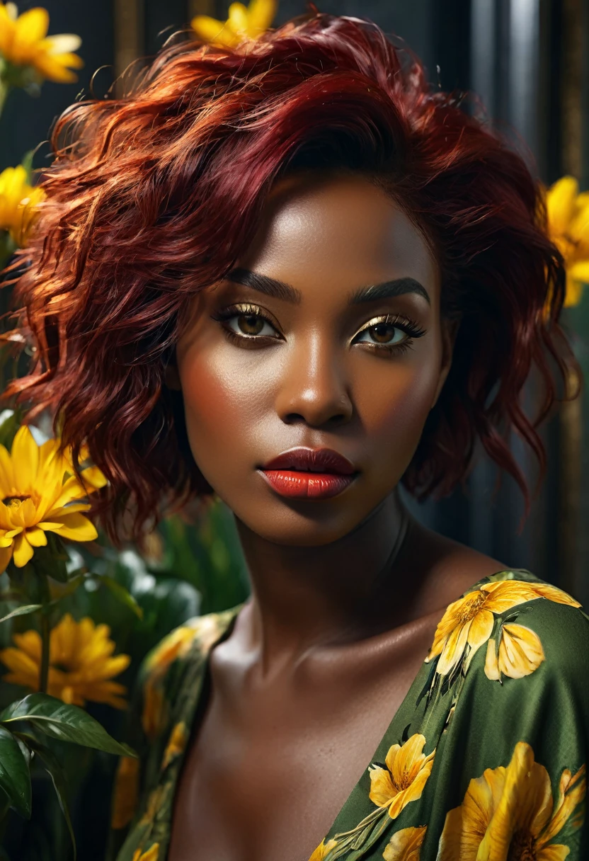 A woman, black woman sensual, she is an adult, dark blood-red hair styled with gel, (((a woman with red hair 1.7)))(((very beautiful))), perfect faces, she is surrounded by yellow flowers in her room, dark and cool palette, moss green dress that fits her body, yellowish eyes, 8K, modest clothing, extremely detailed, lips shining with colorless gloss, (high quality, realistic, photorealistic: 1.37), ideal proportions and dark skin (dark black skin) (DARK SKIN )) (BLACK SKIN) defined, meticulously crafted features, unapproachable beauty, perfection, artistic art, vivid realism, hyper-detailed sculpting, realistic shapes, truly inspiring, impeccable craftsmanship, pure brilliance, ethereal beauty, delicate contours, striking poses, sublime beauty, subtle nuances, dynamic compositions, vibrant colors, perfect lighting, moving expressions, heavenly aura, majestic presence, dreamlike atmosphere, unmatched high level of detail, high-octane rendering in artstation, photography 8k art, photorealistic concept art, volumetric cinematic soft natural light, chiaroscuro, award winning photography, fine art, oil on canvas, beautiful, detailed, intricate, insane