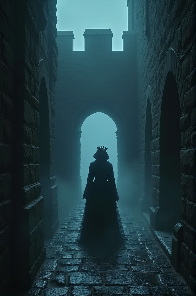 "A dark, misty view of the Tower of London at night. The ancient stone walls appear cold and uninviting, with shadows stretching across the ground. A headless ghostly figure of Anne Boleyn, dressed in 16th-century royal attire, roams the dimly lit corridor. The atmosphere is heavy with an eerie silence, and a faint, ghostly glow surrounds the spirit."