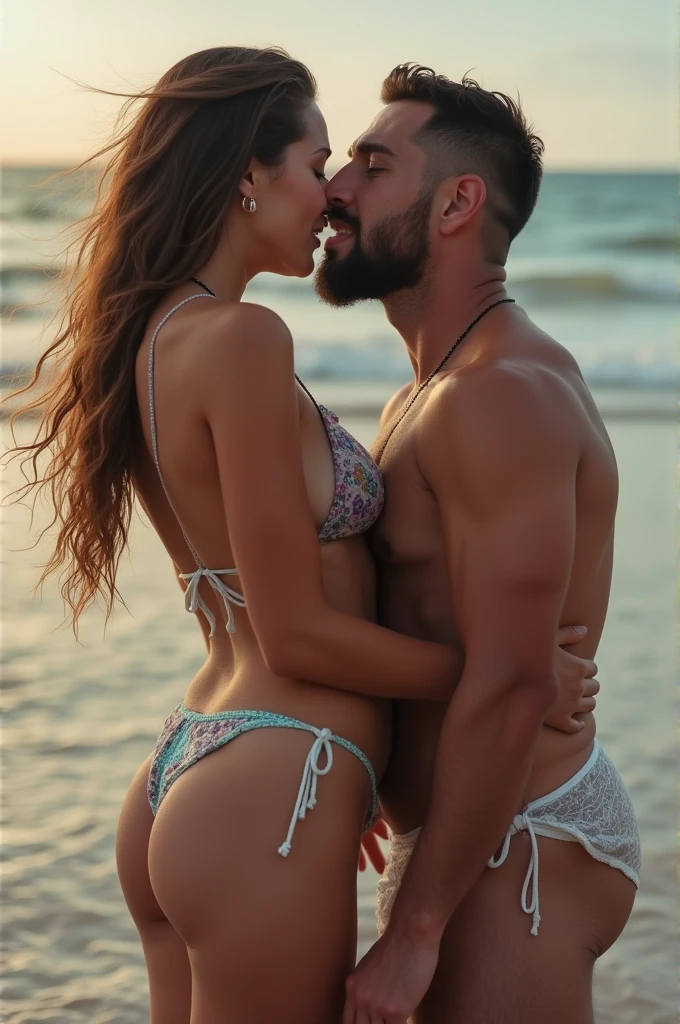 A girl in bikini peeing in her husband's mouth