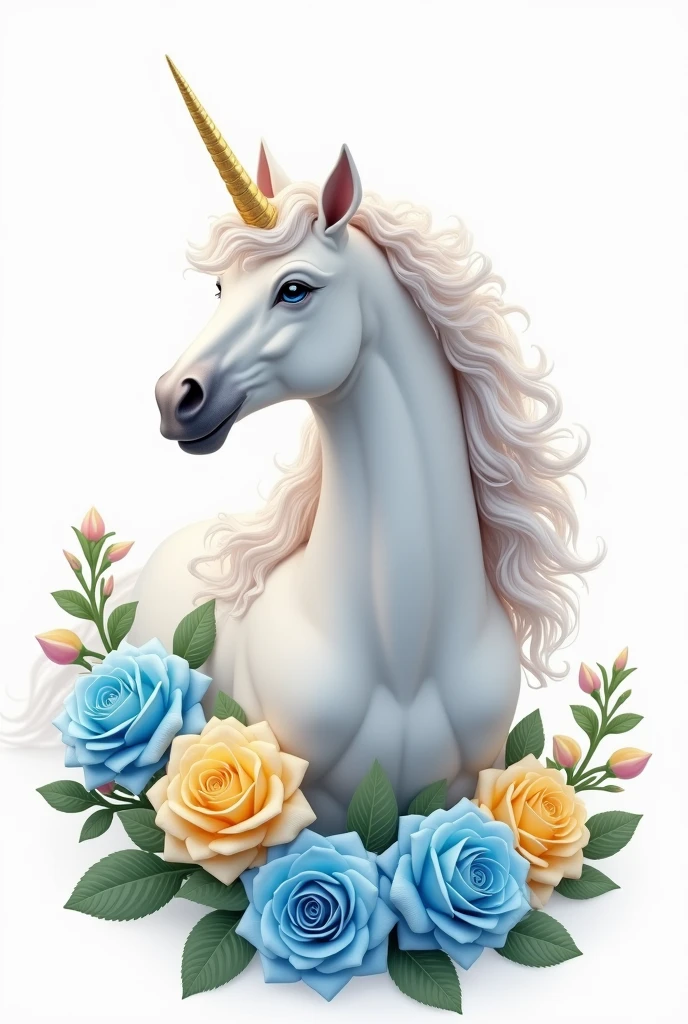 Just write the word "unicorn" in white colors, blue and yellow rose with white background