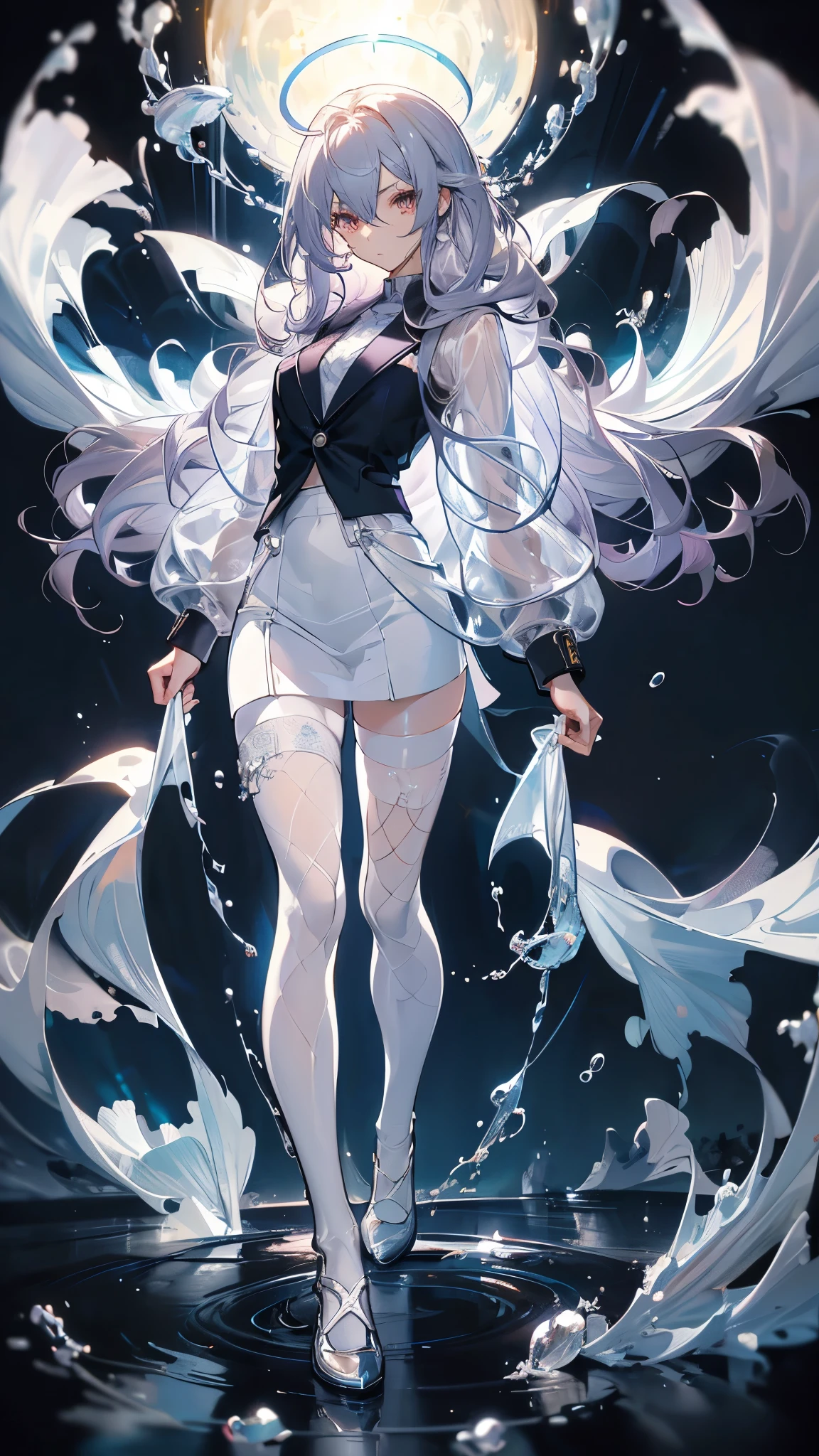 Perfect quality,Perfect body proportions,Long legs,student,jk outfit,whole body,Long curly hair,Standing picture,White,Small suit,sexly, See-through pantyhose,Fishnet stockings,transparent