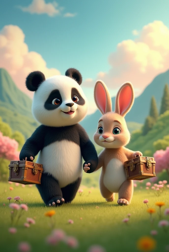 A panda and a rabbit walking, They each carry a chest in one hand 