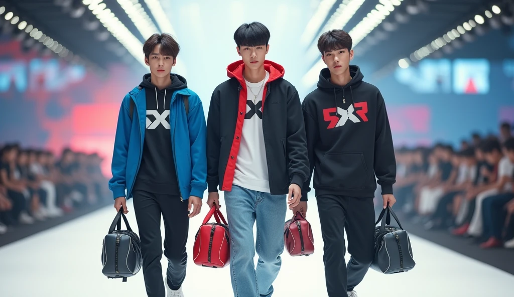 (photorealism:1.2), three sportwear fashion handsome 18 yrs. old, k pop Asian male model, runway show full body holding sports bag pack, tank top casual wear style, SXR logo design, ultra-detailed, film photography, light leaks, trending on sportwear, sharp focus, studio photo, futuristic details, highly detailed