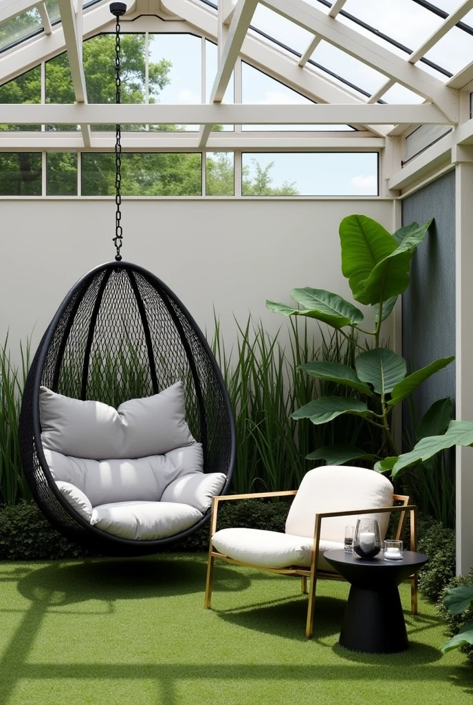 Design a small outdoor resting space, covered by a glass roof with white metal beams. The environment is surrounded by light walls, decorated with green plants and tall grasses, creating a natural and cozy look. At the center, include a cocoon-shaped hanging chair, with black metal frame and light gray padded upholstery. Next to the hanging chair, add a modern armchair with a gold metal frame and white seat, positioned on grass. Complete the space with a small black side table., decorated with a candle in a glass holder and other small decorative objects. The space should convey a sense of relaxation, comfort and luxury.