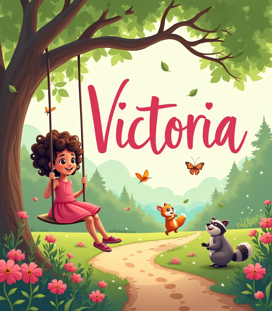 beautiful big garden in spring leaves flying,A Tree Swing,various animals, butterflys, squirrel, raccoon, a smiling brown child with brown eyes in a pink dress baby , with curly hair on the swing playing, flowers along the dirt road,large image of the name Victoria written in light baby pink in the background, high resolution ,width twice as large as height