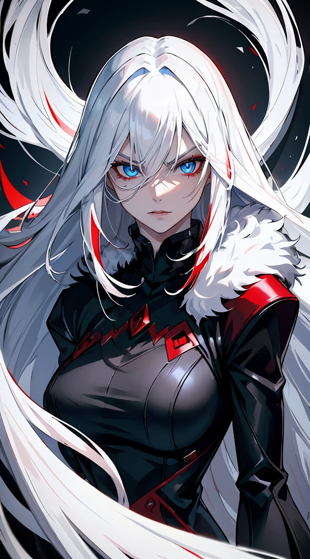 Long white hair, blue eyes, evil, sexy, black and red clothes, evil face, evil, serious look, gloss lips, sinister, front look, bloody, gloves, close up, portrait, beautiful eyes, big white, dark place, night, sensual, straight hair cut, clear skin, evil, young 30 years girl, adult girl, solo, red, very long hair, ankle length hair, handsome older WOMAN,azure-eyes,crimson pupils,Long white hair,Hyperresolution,accuracy,Detailed rendering,(Image of fine hair)(topquality)(Masterpieces of masters)(High degree of completeness)(A sense of atmosphere)tmasterpiece,Super detailed and super detailed(((full-body)))(((white and black fur fight outfit))) (((Soft expression)))(((Fur sleeves)))