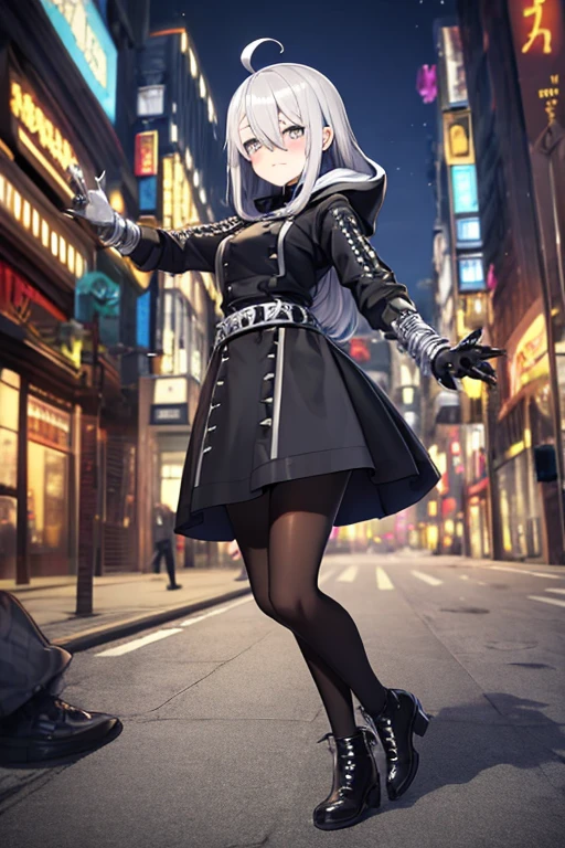 ((best quality)), ((masterpiece)), (detailed), 1 girl, Full body, 1, Face Depressed, Silver eyes, Outstretched arm, Gray zipper Hood, Blushing, Long hair, Silver hair, Spiky hair, Ahoge, Bangs, Lock of hair covering right eye, Full body, Very tall, Small breasts, Thin body, Metal spikes, Gray bracelets, Long black gloves, Gray gothic dress, Gray dress with metal spikes, Metal emblem, Somewhat tight, Black belt, Black pantyhose, Black shoes, Walking through the city, Giant metal spikes sticking out of the street, Cracked road, City background, Anime