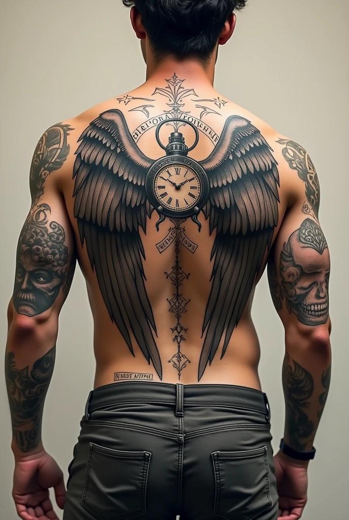 Wings tatoo with clock and rune words for man half back