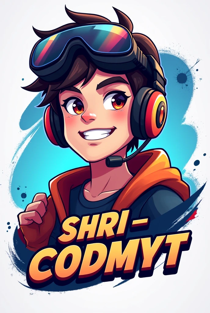 Gaming logo playing games smart 25 year young boy smile and black goggles and mention his name on bottom SHRI_CODMYT all words capitals