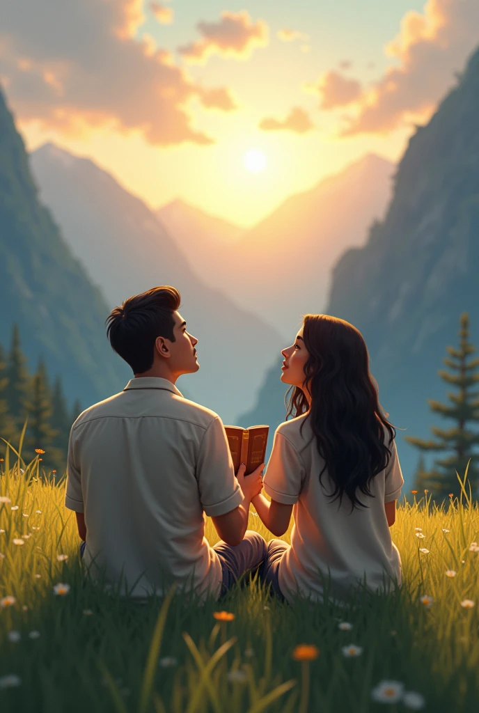 Dark-haired man and woman sitting on the grass looking at the sky with hope with the Bible in their hands in the background a landscape with mountains and sun