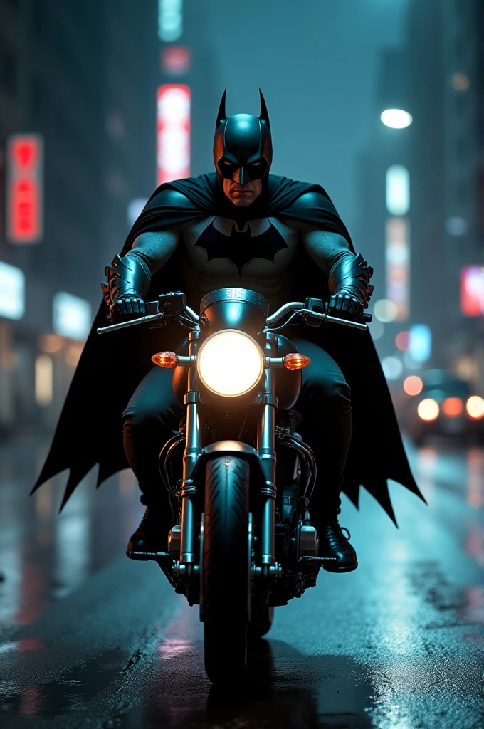 batman on a pulsar150 motorbike cinematic movie at night